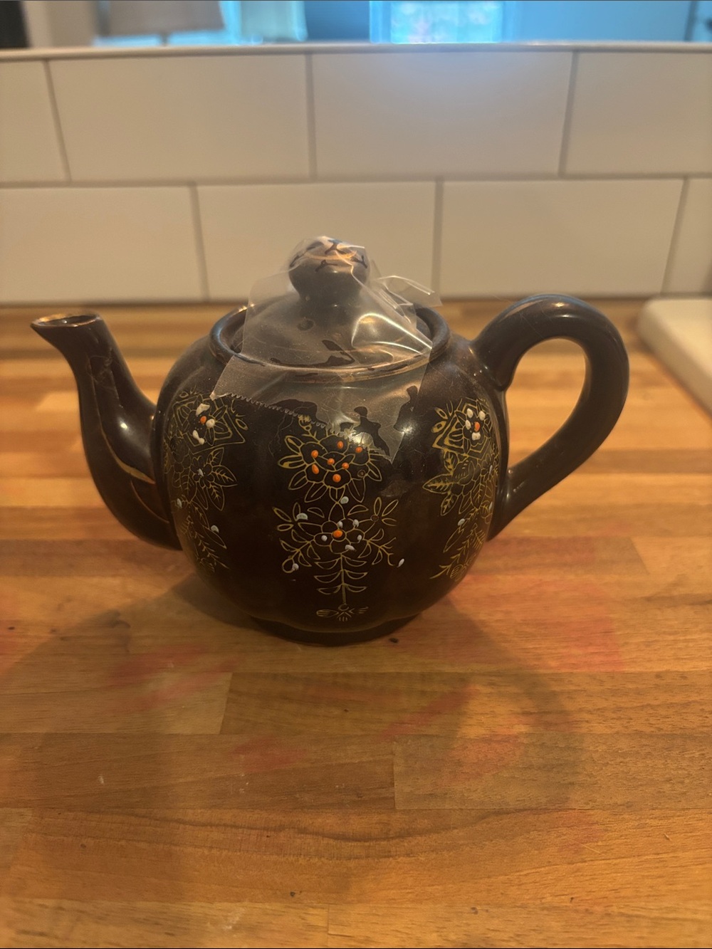 Brown Ceramic Teapot with Floral Gold Accents